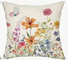Garden Botanical Butterfly Meadow Flowers Linen Throw Pillow Cover HOME Decor