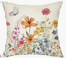 Garden Botanical Butterfly Meadow Flowers Linen Throw Pillow Cover HOME Decor