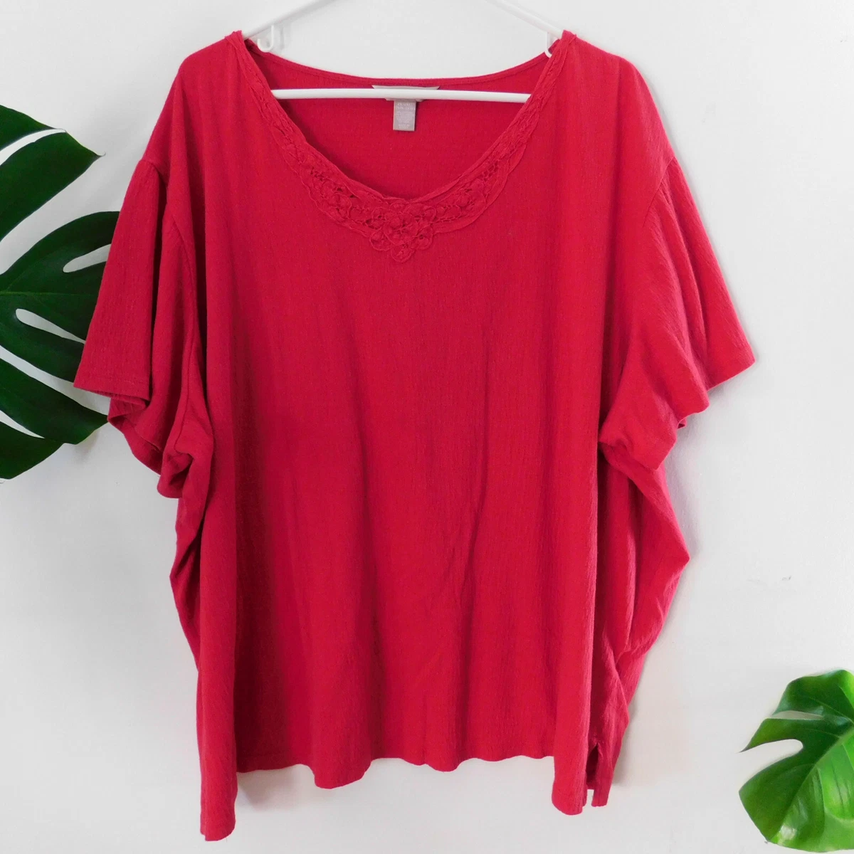 White Stag Shirt Short Sleeve Blouse Boho Gypsy Top Flowy Soft Red Women Plus 4X
