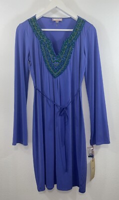 Hale Bob Jersey Dress Size Small Purple Green Blue Beaded V Neck NWT Long Slv.