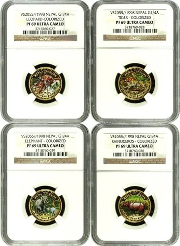 Nepal 1998 2055 Set 4 Coins Wildlife Rhinoceros Leopard Elephant Tiger NGC PF69