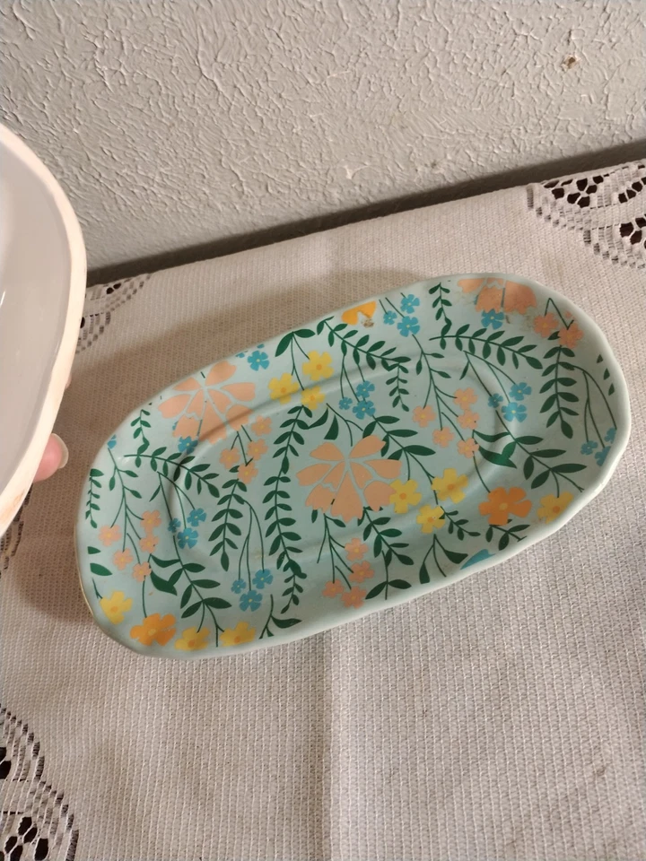 Pig Butter Dish Farmhouse with Pastel Flowers Aqua Base CUTE - Image 3 of 4