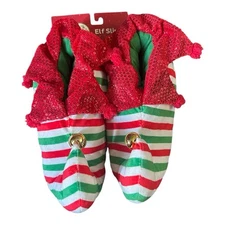 Christmas Red White Green Striped Elf Slippers Shoes w Jingle Bells Sz L/XL 9-11