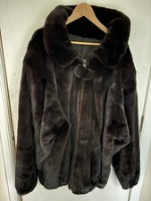 Dark Brown Mink Fur Coat Jacket Large Collar Zip Front Pom Pom Elastic Hem Cuffs