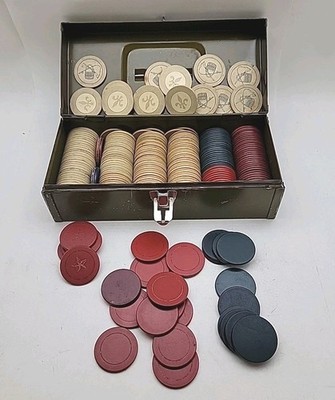 Vintage Poker Chips with some featuring a Fleur-de-lis design mix + metal case