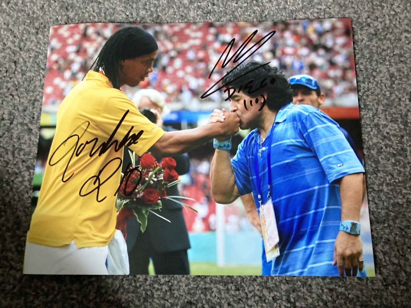 Genuine Hand Signed Football picture By Diego Maradona & Ronaldinho for sale on Ebay