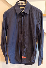 Burberry Brit Mens Navy Blue Button Down Shirt Size S Check Plaid Trim Flaw