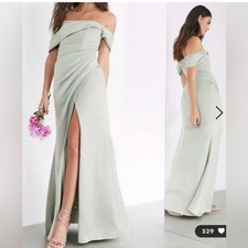ASOS DESIGN Bridesmaid satin bardot drape wrap maxi dress sage green NWT Sz 12