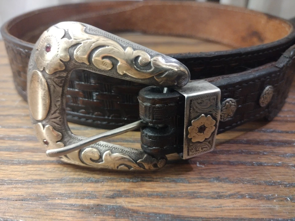 Vtg Silver Ranger Western Buckle 1" Fit & Fittings Sterling, 10 Gold, Ruby, Belt - Image 2 of 4
