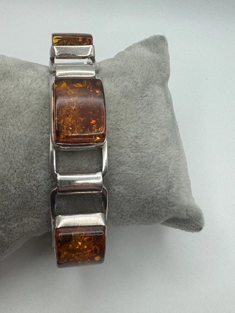 Brazalete tenis vintage grande de plata de ley 925 ámbar báltico para dama Foto 2 de 4