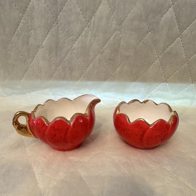 Red White Ceramic Creamer & Sugar Bowl Set Gold Trim Handles 2pc S77