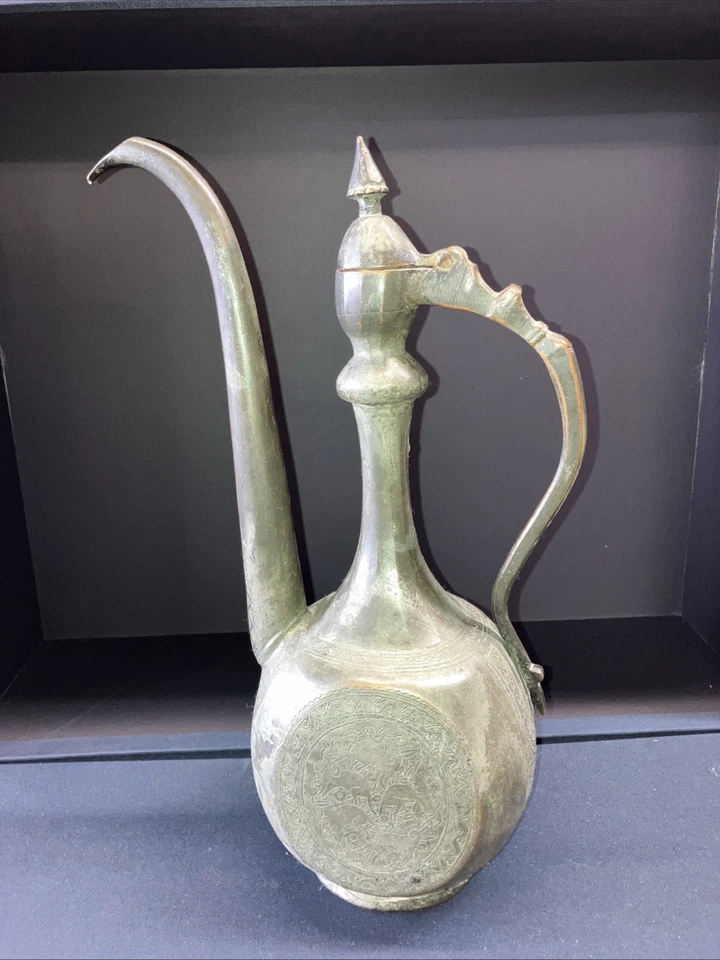 "Antigua jarra islámica Qajar grabada a mano, cuentagotas de agua cobre altura 13 1/2""" Foto 2 de 4