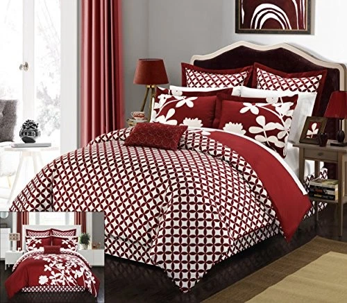 7 Piece Iris Large Scale Floral Design Printed with Queen Comforter Red - Image 2 of 4