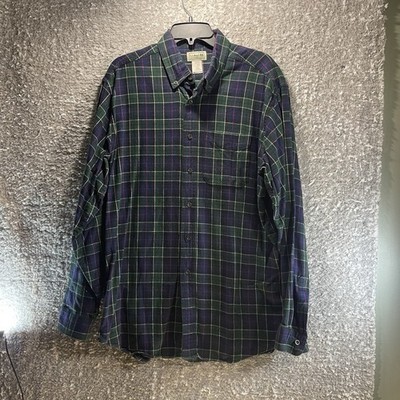 LL Bean Shirt Mens Large Green Blue Plaid Flannel Cotton Casual Workwear Pocket