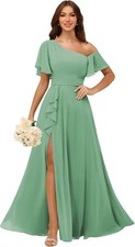 Short Sleeve One Shoulder Bridesmaid Dress Ruffled Design Formal Evening Gown ..