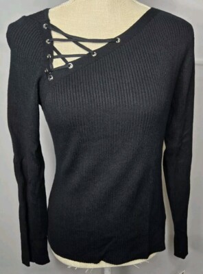 INC International  Asymmetric-Lace-Up-Neck Sweater NEW Deep Black Size Medium   