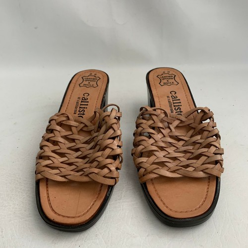 Callisto of California Sandals Woven Tan Leather Open Round Toe Block Heel Sz 8N - Picture 6 of 10