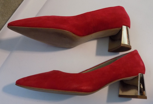 Ann Taylor RED Suede w Gold Metallic Block 1.75" Heels Sz 6.5 Classy Pumps NICE! - Picture 4 of 9