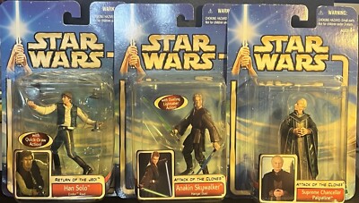 3 STAR WARS Hasbro 2002 Action Figures Anakin Skywalker, Hans Solo & Palpatine!