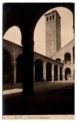 RPPC Basilica de Sant'Ambrogio, Exterior, Interior Courtyard, Tower, Milan, IT