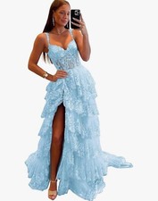 Sparkly Tiered Lace Tulle Prom Dress- Sky Blue, Size 4