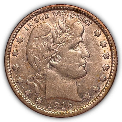 1916-D Barber Quarter Almost Uncirculated AU Coin, Scratch #21195