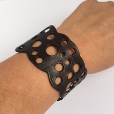 Handmade Punched Brown Leather Cuff Bracelet w Snap Closure
