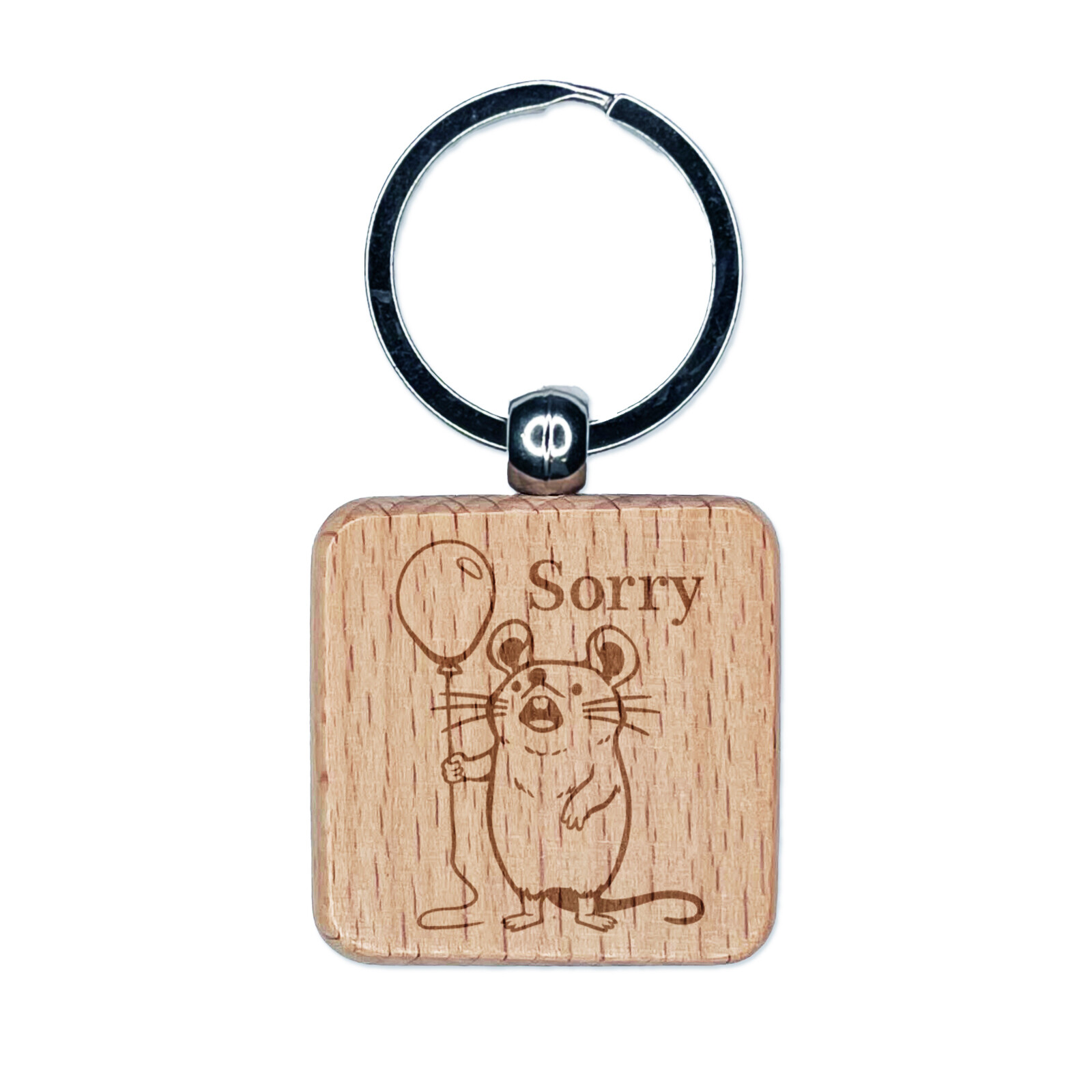 Sorry Mouse with Balloon Engraved Wood Square Keychain Tag Charm