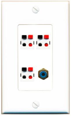 RiteAV 3 Port Speaker Wire Plug Jack Wall Plate+RCA for Subwoofer 1 Gang [White]