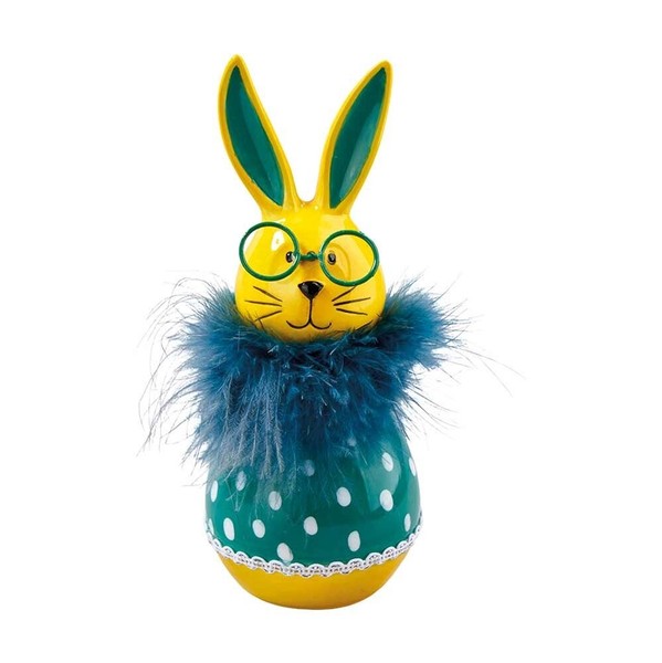 Deko Hase Stehend Mit Fellkragen Aus Keramik In Gelb/Petrol, HöHe Ca. 16,5 Cm-image
