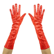 Red Shiny Sequin Gloves - Prom, Bridal Wedding, Cosplay, Costume, Dance, Party