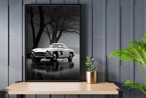 Mercedes 300 SL Gullwing Black & White Print Classic Car Poster Art Rare