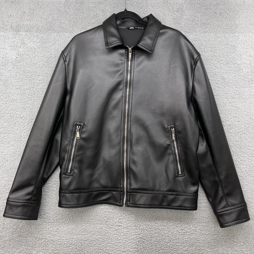 Zara Mens Black Leather Bomber Jacket Synthetic Faux Leather Full Zip Size Xl Ebay