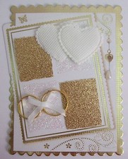 1 x Wedding card Topper Gold /White/Hearts and Wedding Rings/Hand Made 