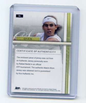 2007 Ace Authentic Straight Sets RAFAEL NADAL #31 ATP Match Worn
