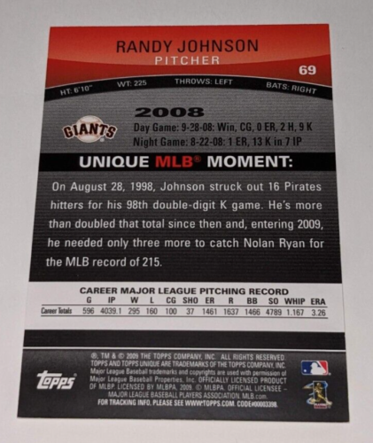 Randy Johnson 2009 Topps Unique # 69 Bronze Parallel #D /99 San Francisco Giants - Picture 2 of 2