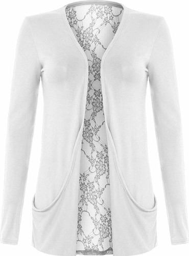 Women Long Sleeve Back Lace Boyfriend Cardigan ladies Open Front Pocket Cardigan - Picture 11 of 13