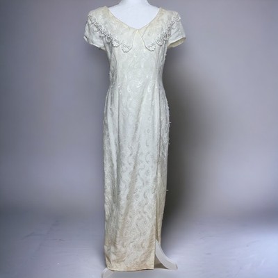 Vintage 90s Gunne Sax Medium Off White Lace Trim Jacquard Full Length Dress