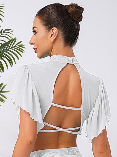 Womens Crop Top Pole Tops Short Sleeve Shirt Daily Wear Dance Sheer Cardigan - Picture 63 of 96