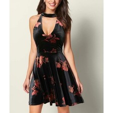VENUS Dress Large Black Velvet Cutout Choker V-Neck Plunge Floral Mini Halter