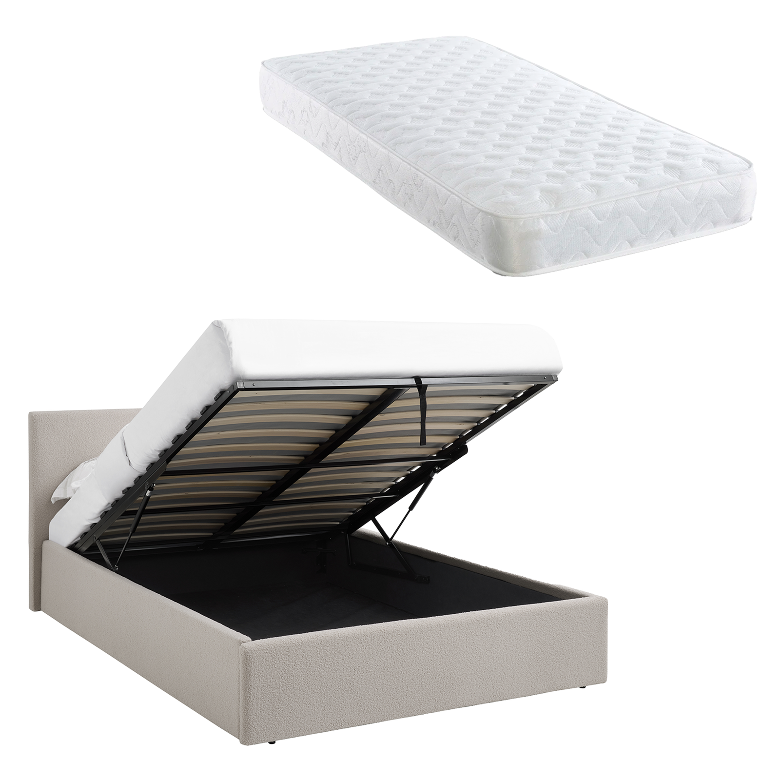 3FT Single Gas Lift Bedframe Cream Beige Fabric + Sprung Mattress TEDDY BOUCLE