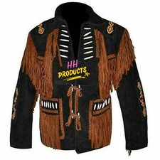 Dark Brown Western Suede Leather Jacket with Black Fringes - Men?s Beaded and Bo