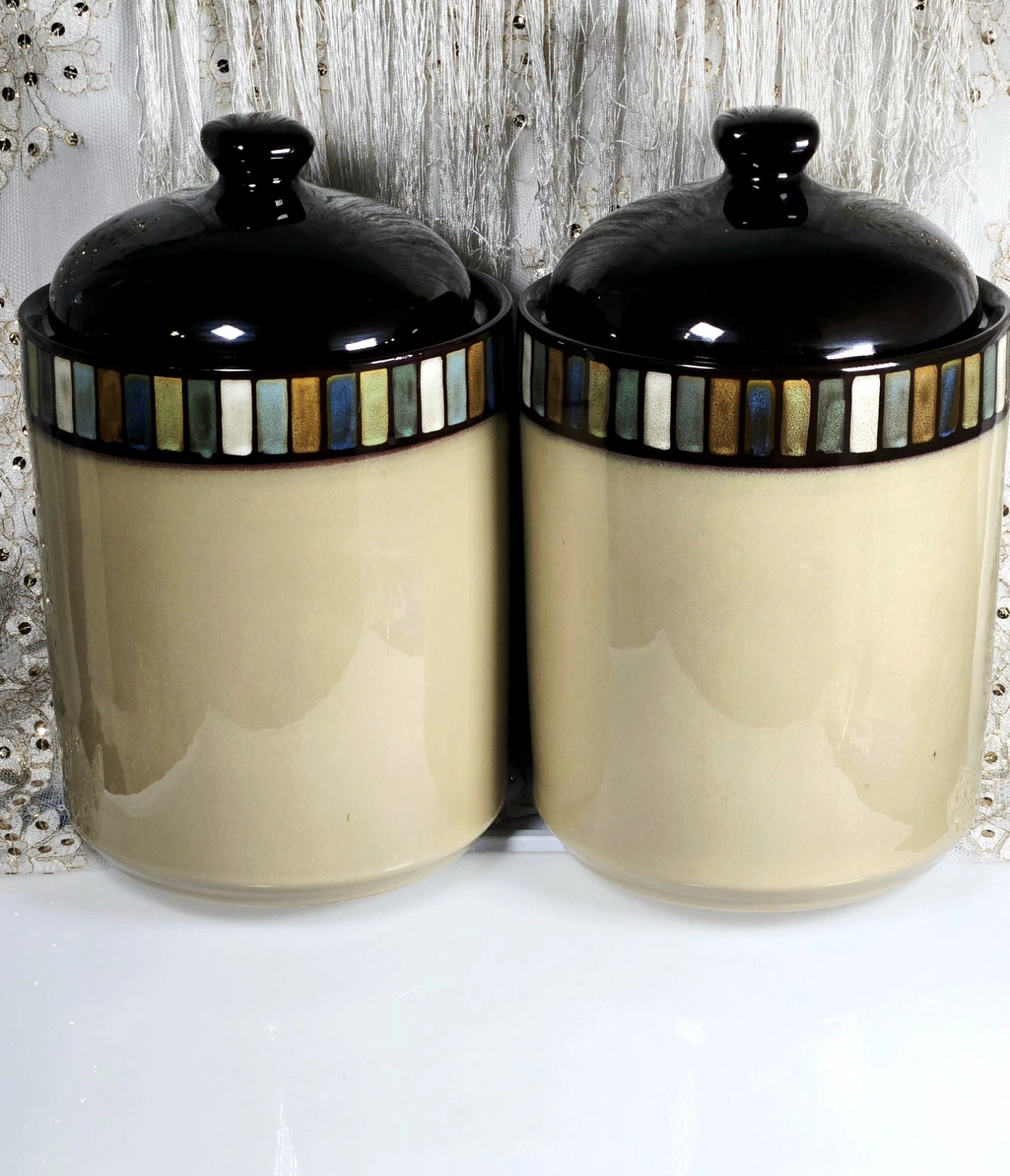 Set of TWO Sonoma Life Style Vallejo Blue Large Canisters w/Sealing Lids 11 in.H