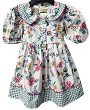 Vintage Gingham Floral Easter Dress 2T Puff Sleeve Collar Country Prairie 90s