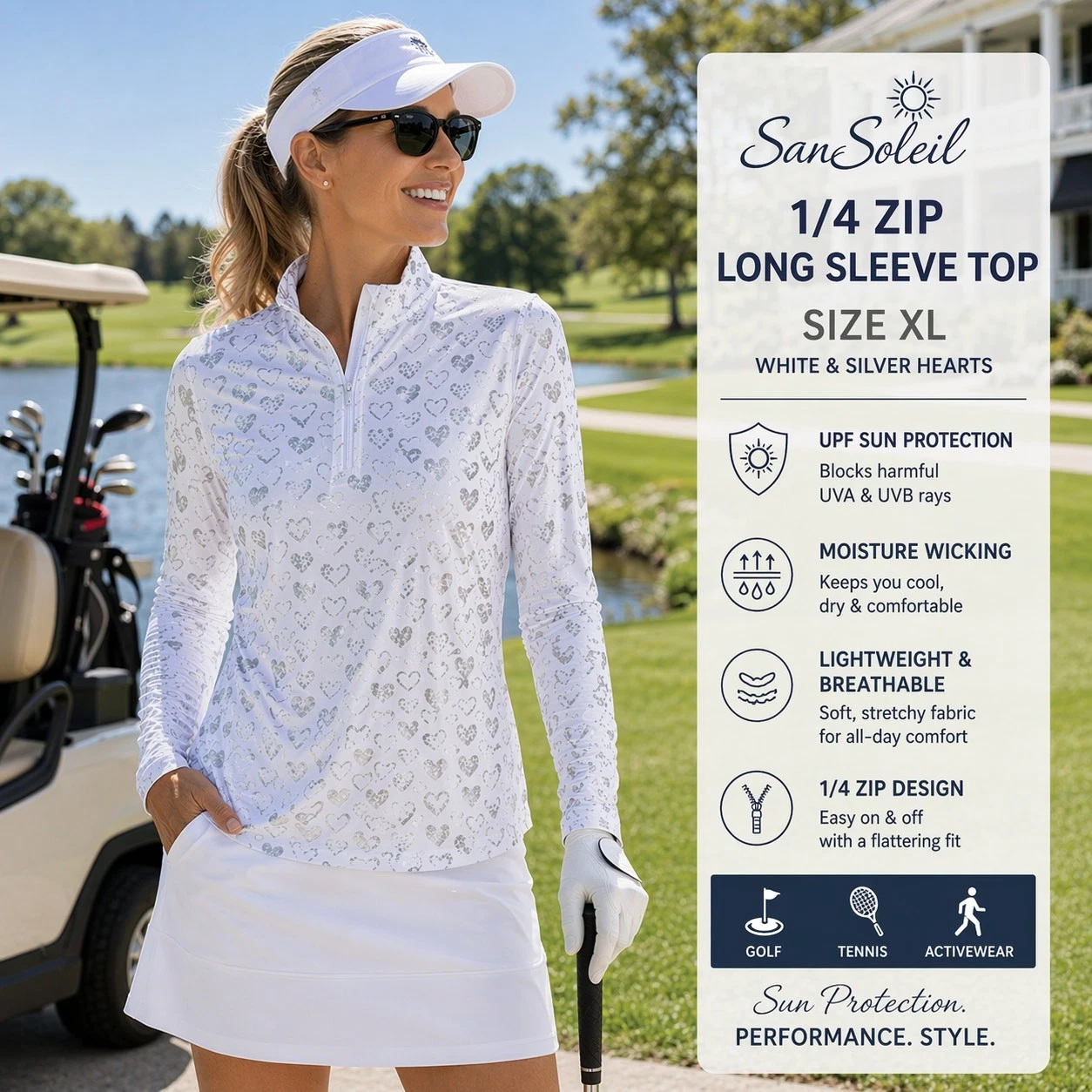 San Soleil 1/4 Zip Shirt Long Sleeve White Silver Hearts SZXL Athleisure