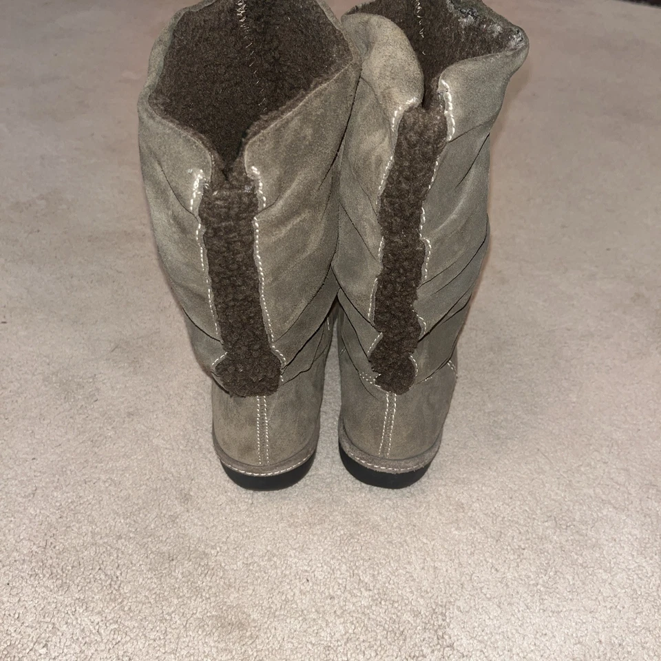 Lands End Boots Womens 8.5 Suede Brown Faux Fur Lined Mid Calf Slip On Winter - Image 3 of 4