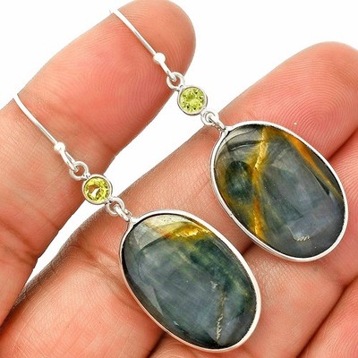 Natural Blue Tiger Eye & Peridot 925 Sterling Silver Earrings Jewelry E-1002