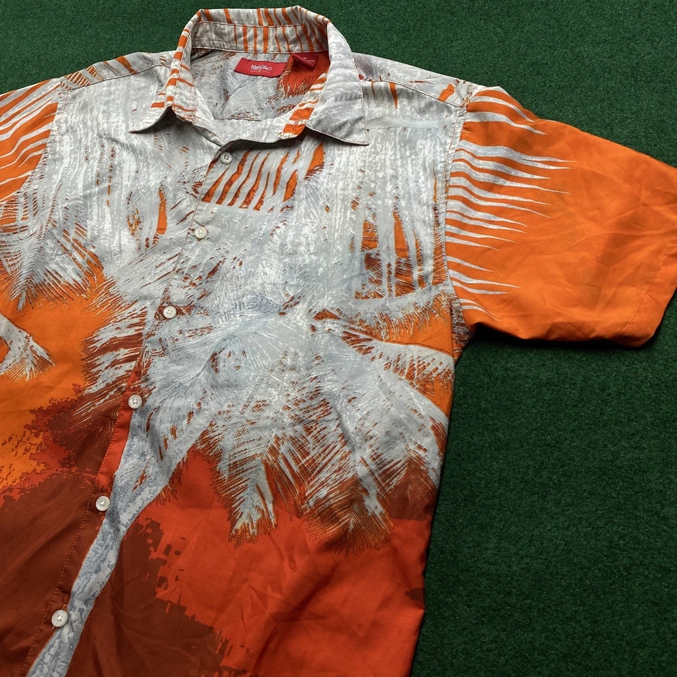 Camisa masculina Mossimo vintage M vermelha laranja Y2K surf skate havaiana botão para cima - Imagem 2 de 4