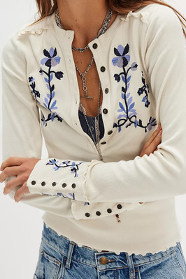 Free People Henley-Top Fleur bestickt Bündchen - Teekeks - neu mit Etikett UVP 88 £