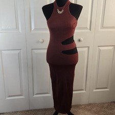 Fashion Nova Tamar Cut Out Sweater Midi Dress Size LG Chocolate Brown Glam Party